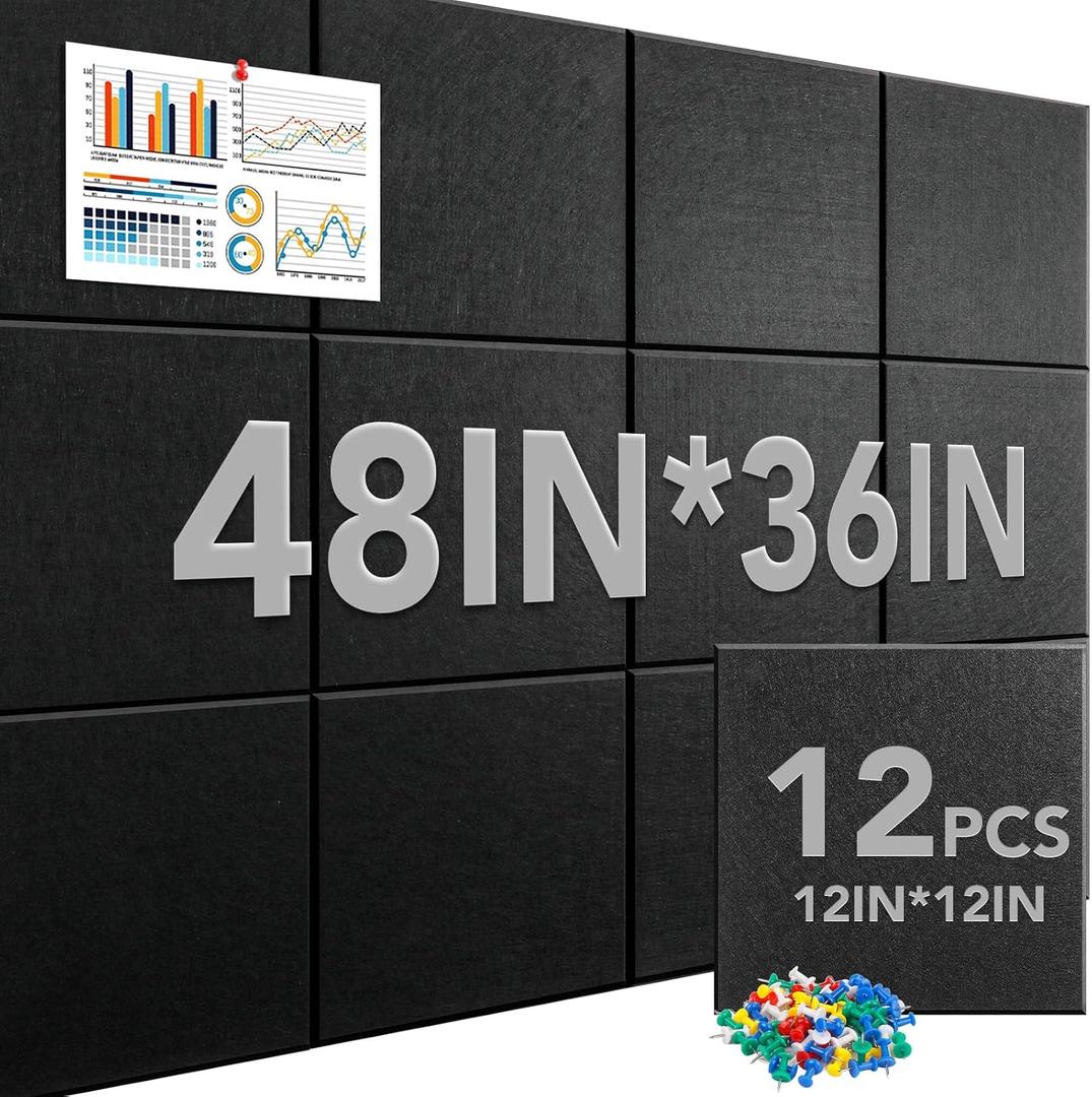 Cork Boards for Walls 36x48, 12 Pack Black Bulletin Board, Reusable Felt Wall Tiles with 70 Pins and Non-Marking Adhesives, Cork Board for Office Pin Board