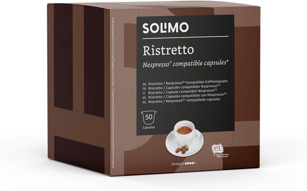 Amazon Brand - Solimo Ristretto Nespresso Compatible Coffee Capsules, Dark Roast, 100 Count (2 Packs of 50), Rainforest Alliance Certified Best Before 10/02/27