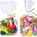 PigPotParty Cellophane Treat Bags 6"x9", 100 Pack Clear Goodie Bags, Bottom Gusset for Stand-Up Display, Small Plastic Gift Wrap for Cookies, Candy, Party Favors, Popcorn, Includes 100 Gold Ties