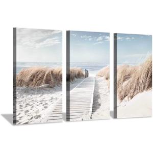 Hardy Gallery Beach Path Picture Coastal Artwork: Seaside Boardwalk Painting Art Print on Canvas for Living Room (34'' x 20'' x 3 Panels)