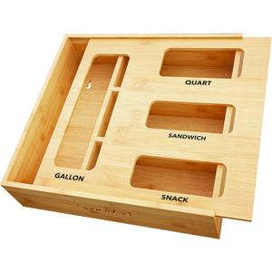 SpaceAid Bag Storage Organizer for Kitchen Drawer, Bamboo Organizer, Compatible with Gallon, Quart, Sandwich and Snack Variety Size Bag (1 Box 4 Slots) (Natural, 3"H)