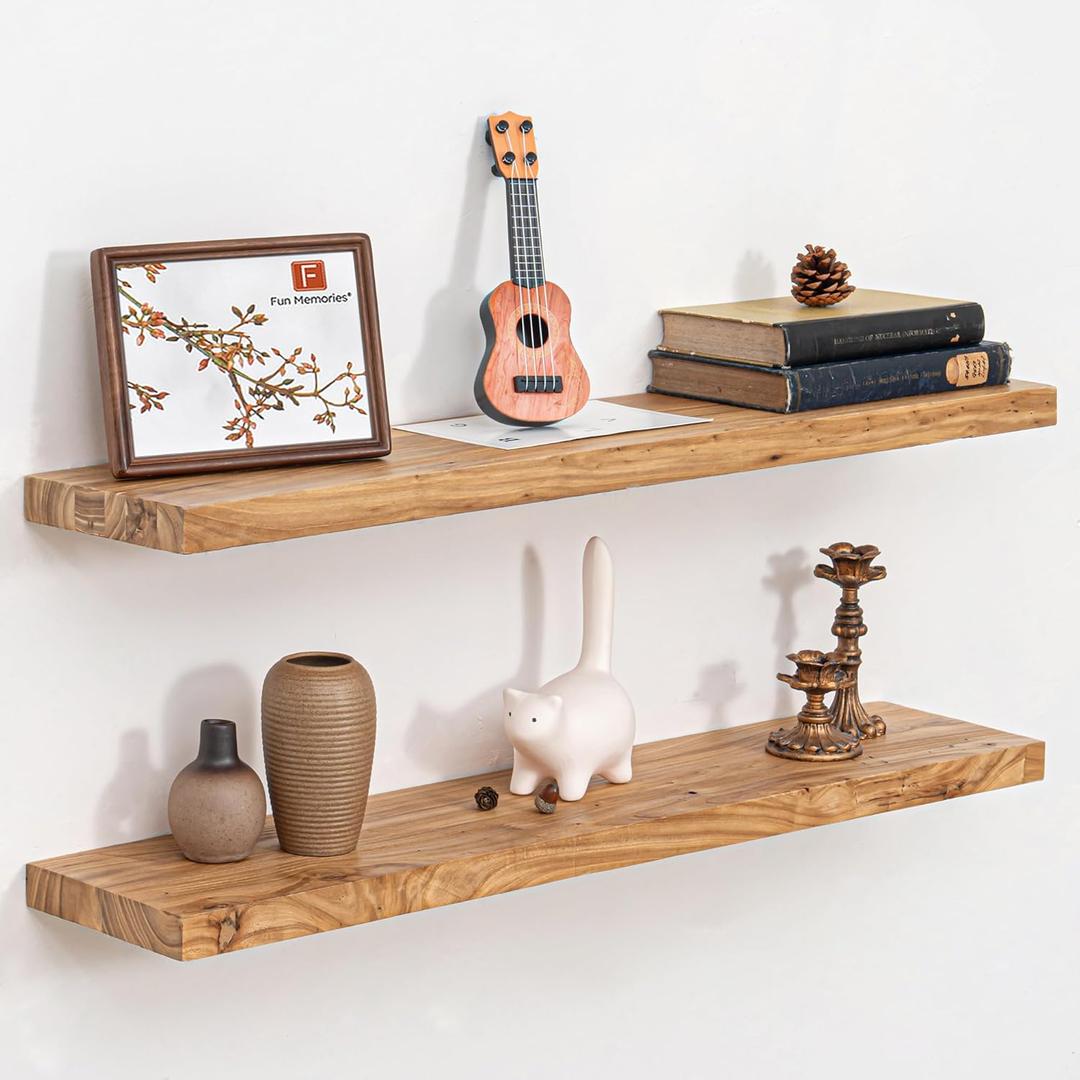 Fun Memories Floating Shelves for Wall, 36" Rustic Solid Elm Wood Wall Shelf, Heavy-Duty Wall Mounted Shelf with Invisible Brackets, Set of 2 for Living Room, Bedroom, Kitchen, Natural Finish