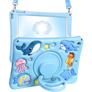 for iPad 9th/8th/7th Generation Case 10.2 Inch - Girls Boys Cute Kawaii Girly Cover 3D Cartoon Ocean Design with Rotating Stand & Strap Silicone Blue Cases for iPad 7/8/9th Gen 2019 2020 2021