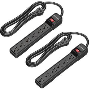 DEWENWILS 2-Pack 6-Outlet Power Strip Surge Protector, 6Ft Long Extension Cord, UL Listed, Low Profile Flat Plug, 15 Amp Circuit Breaker, 500 Joules, Wall Mount, Black