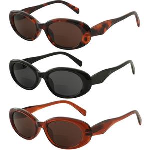 JiSoo Oval Bifocal Sunglasses for Women Reader Sunglasses Small Cute Reading Sunglasses for Women 3Pack (Black/Tea/Tortoise)