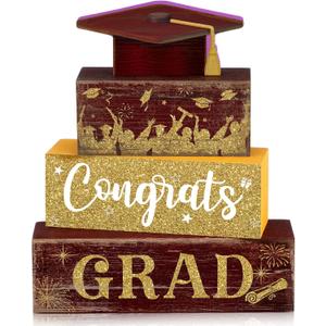 CroBlissful 4 Pcs Congrates 2026 Graduation Table Decorations Graduation Tiered Tray Decorations Red Gold Class of 2026 Wooden Block Centerpiece Sign Farmhouse Congratulate Gifts for Home Shelf