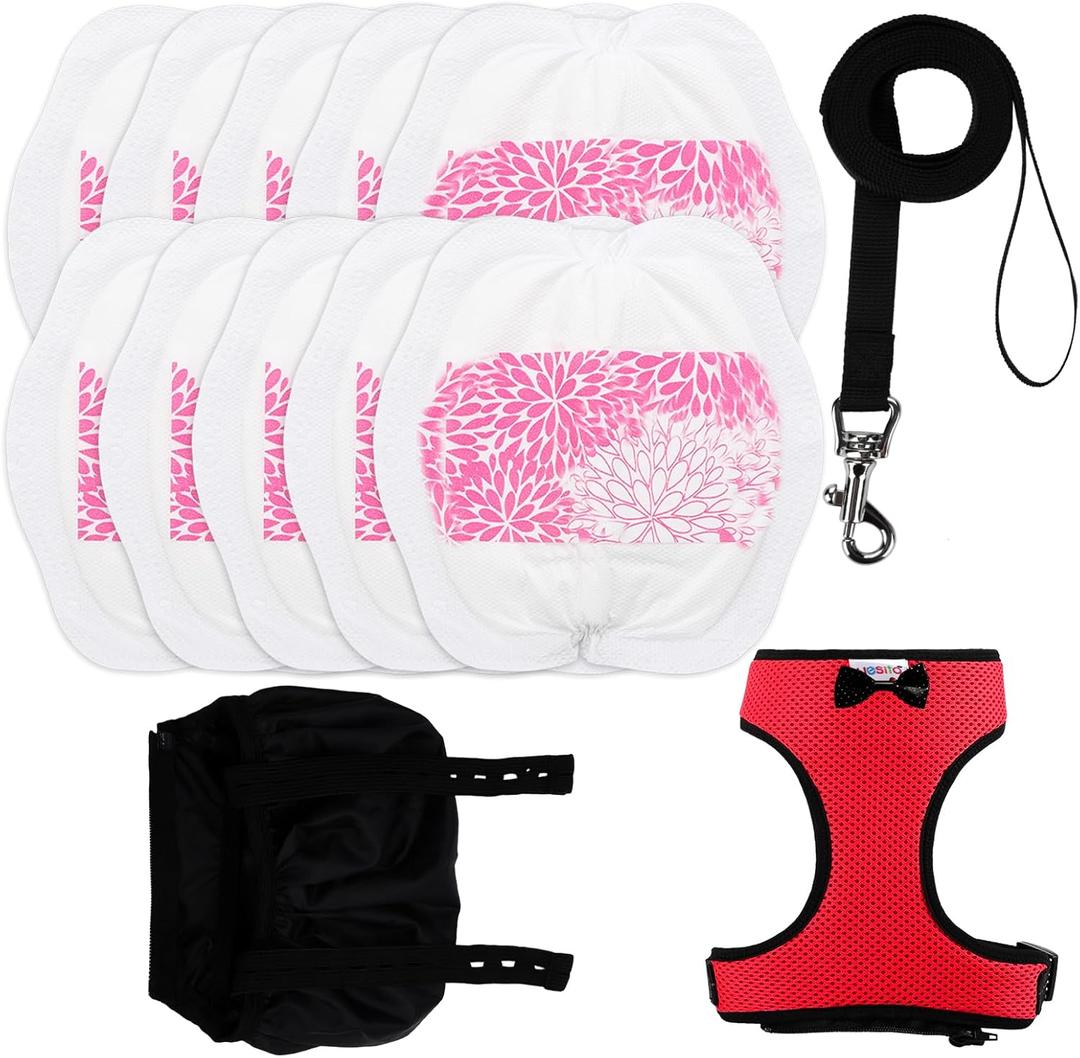 10 Pack Super Absorbent Pet Training Pads + 1 Set Durable Pet Leash & Harness | Leak-Proof Essentials for Indoor & Travel (S Size) (Medium, White)