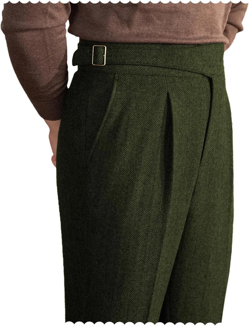 Men Trousers Vintage Tweed Blend Pants Herringbone Slim Fit Pleat-Front Pant (42W x 30L, Army Green)