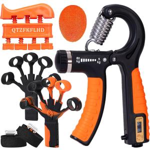 Grip Strength Trainer with Forearm Strengthener, Hand Grip Strengthener, Hand Extension Exerciser, Stress Relief Ball and Hand Grip Strengthener for Muscle Building and Injury Recover(5 PCS) (03-Orange)
