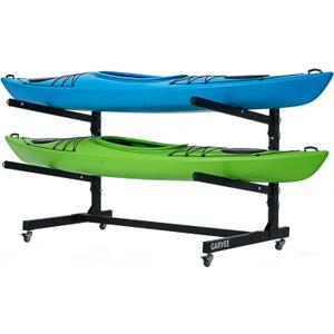 Freestanding Kayak Storage Rack with Wheels, Adjustable Kayak Racks for Garage and Outdoor, Heavy Duty Kayak Stands for Canoes, Kayaks, SUP and Surfboards, 2 Levels