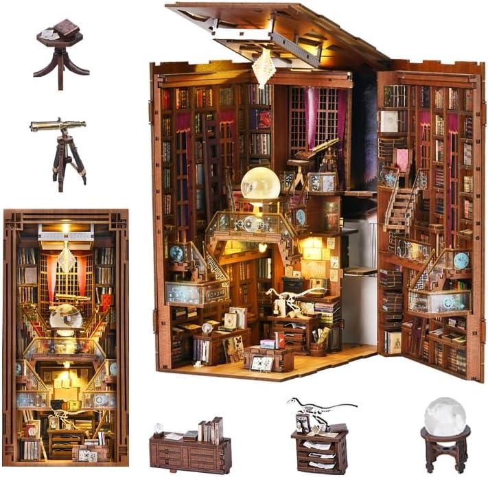 CCCDF DIY Book Nook Kit, DIY Miniature Dollhouse Booknook Kit, 3D Wooden Puzzle Bookend Bookshelf Insert Decor with LED Light for Teens and Adults (Beyond Library)