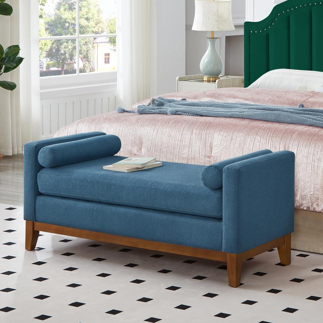 24KF Large Upholstered Boucle Fabric Ottoman with Pillows,Comfort Padded Window Bench for Living Room,Entryway Bench,5095-Navy Blue  20.5"D x 52"W x 22.5"H