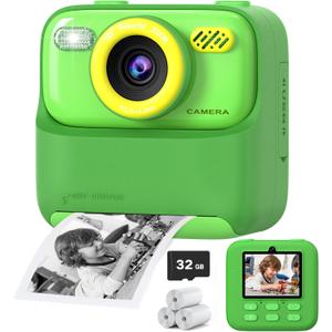 Kids Instant Digital Cameras for Boys and Girls, 1080P HD Dual-Lens Selfie Digital Camera with Print Paper & 32G Card, Christmas Birthday Gifts Toys for Toddler and Teenagers Age 3-16 Years Old (Green)