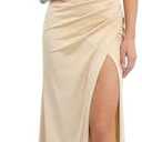 ZAFUL SPORTS Women's Sexy Silky Satin Off The Shoulder Ruched Slit Bodycon Maxi Dress for Prom Wedding Guest, Golden, S