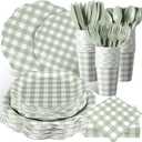 Funnymoom 400 Pcs Gingham Party Supplies for 50 Guests Green and White Paper Plates and Napkins Knives Spoons Forks Cups Disposable Checkered Dinner Party Set Cutlery for Baby Shower Wedding Favor