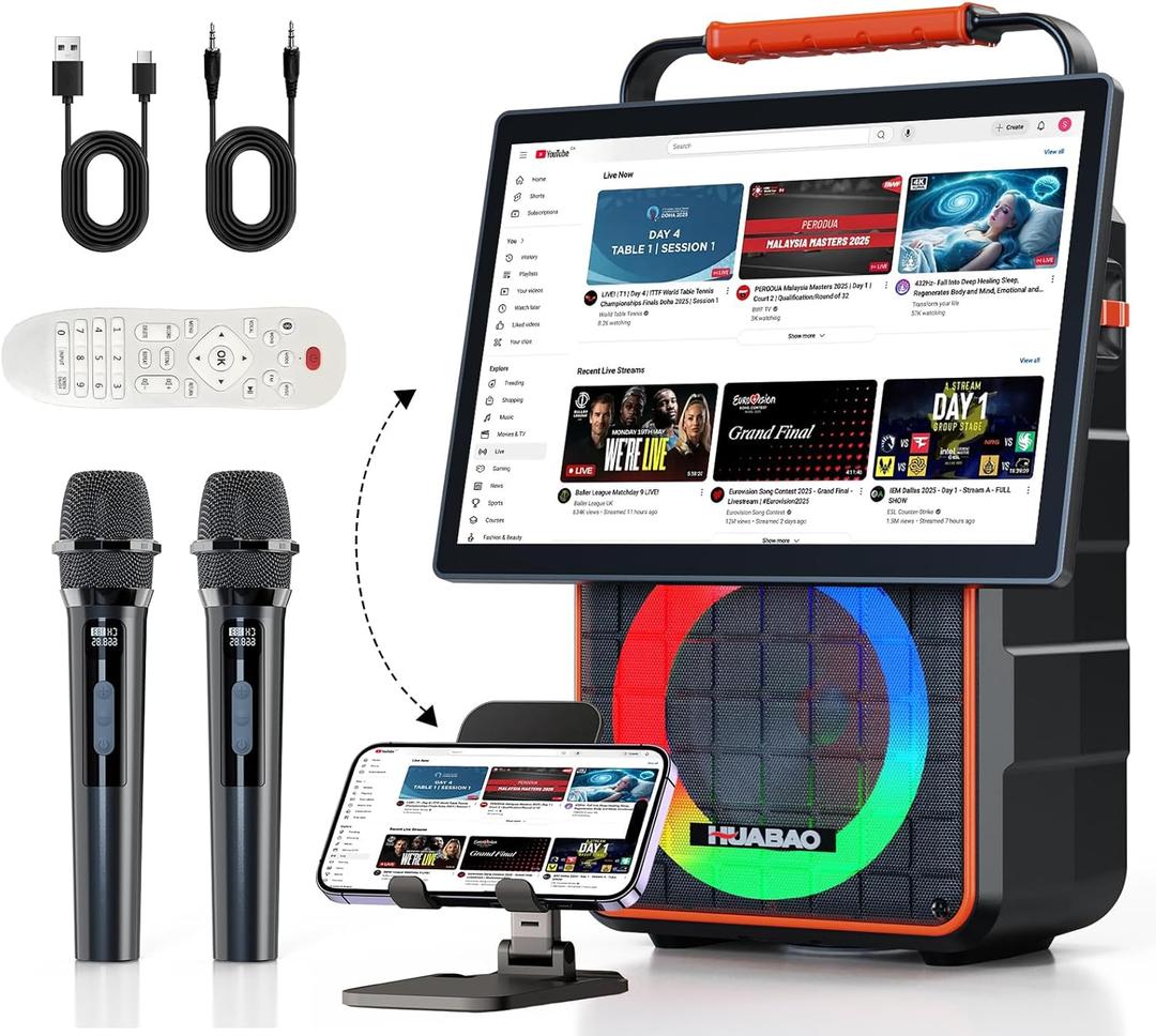 Portable Bluetooth Karaoke Speaker with 14.1 HD Screen, Wireless Screen Mirroring for iOS & Android, 2 Wireless Rechargeable Mics, AUX/USB/TF Card, Dynamic Lyric Display via Bluetooth, Ideal for Home