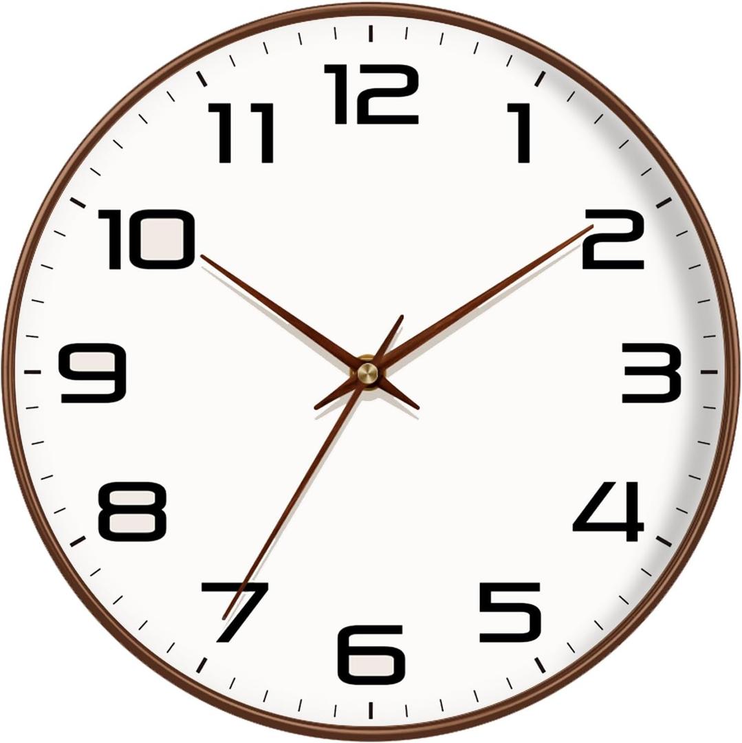 Woodgrain Wall Clock, Silent Non-Ticking Battery Operated Clock 10 Inch, Large Easy-to-Read Number Digital Wall Clocks, Modern Analog Clocks for Living Room Bedroom Kitchen Office Gym, Brown
