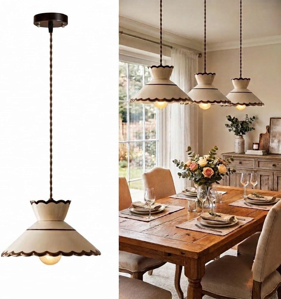 Cottagecore Scalloped Ceramic Pendant Light, Vintage Farmhouse Lamp 9.65in