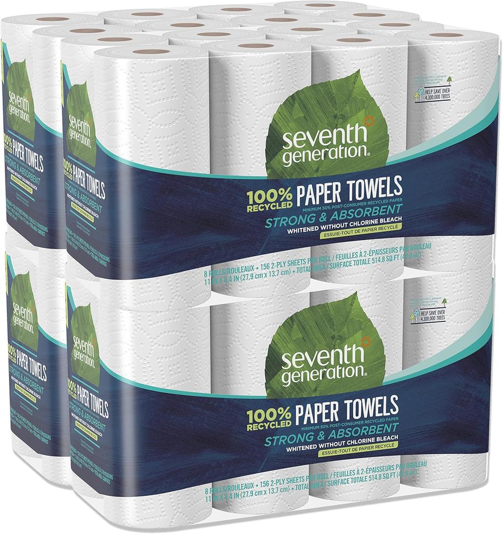 Seventh Generation 100% Recycled Paper Towels, 2-ply, 8 Count, Pack of 4
