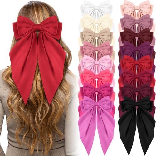 Hoteam 16 Pcs Silky Satin Hair Bows Bulk for Women Large Hair Ribbons Valentines Oversized Bows Galentines Long Tail Large Bow-knot Clips Accessories Gifts(Vibrant)