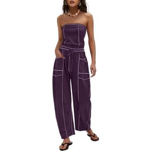 LAMISSCHE Women's Casual Strapless Jumpsuits off the Shoulder Summer Rompers Sleeveless One Piece Outfits with Pockets M