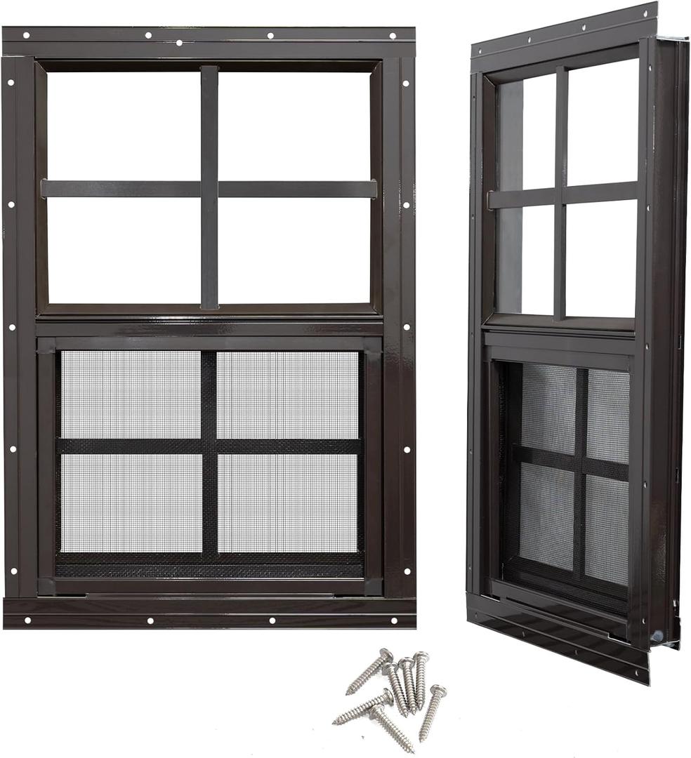NeatiEase 2 Pack Shed Windows with Black Frame, 24x36 Flush Mount Small Window with Tempered Glass and Fiberglass Screen for Shed, Chicken Coop, Playhouse, Household, Garage (Brown)
