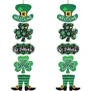 2 Piece St. Patrick's Day Wooden Door Hanging Sign, Shamrock Leprechaun Door Decor Happy St. Patrick's Day Wooden Welcome Sign for Front Door Porch Indoor Outdoor Irish Spring Decorations