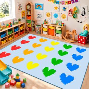 Classroom Rug Elementary Hearts 5'x7'6'' for Preschool,Blue, Seats 20, 4'11" x 7'7"