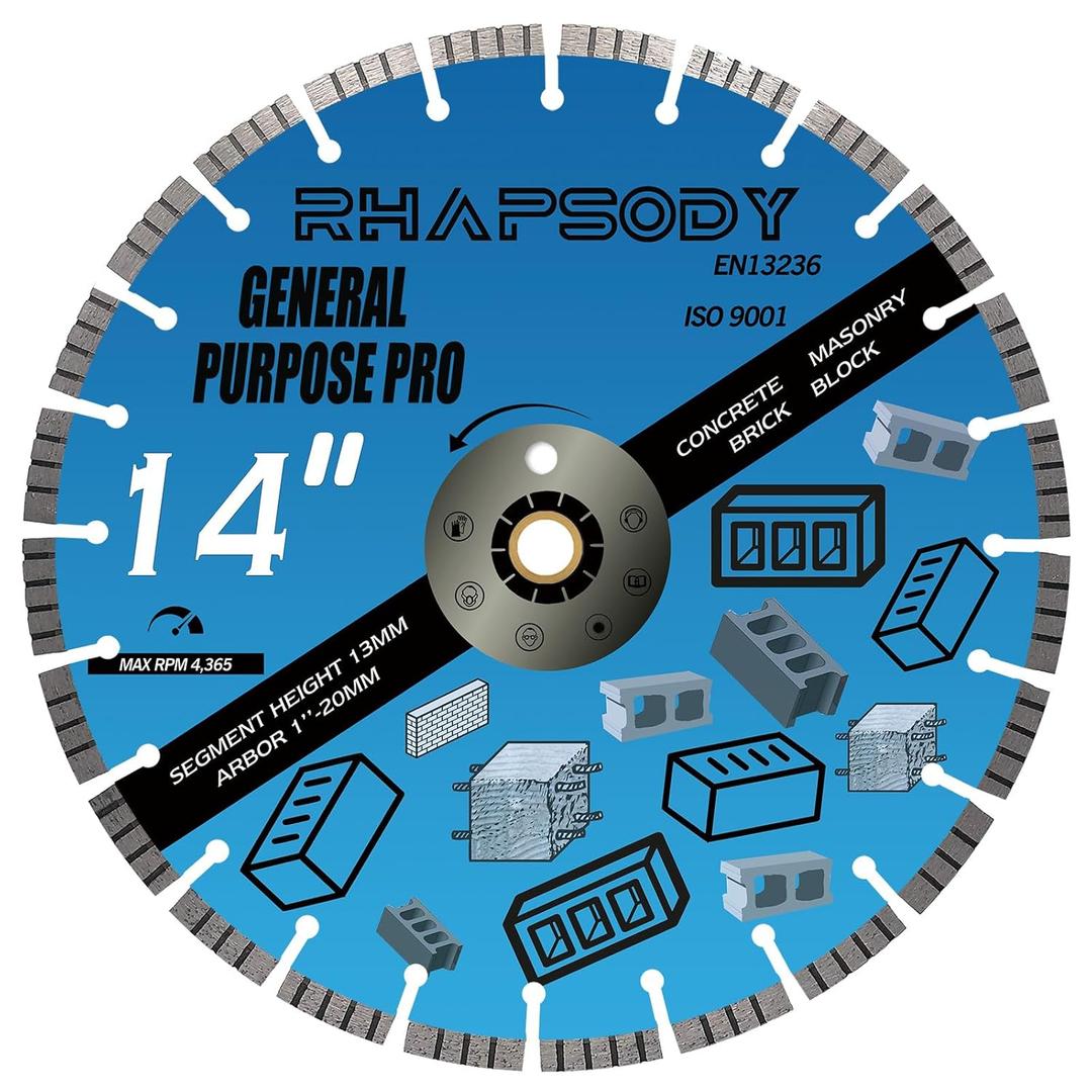 RHAPSODY 14 Inch Diamond Concrete Saw Blade, Turbo Segmented General Purpose Blade Dry/Wet Cutting Concrete, Reinforced Concrete, Masonry, Brick, Block,1"-20mm Arbor