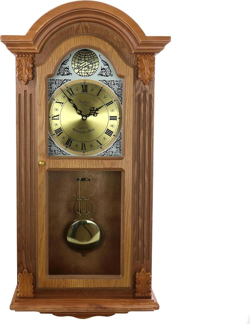 Bedford Clock Collection Honey Oak Chiming Pendulum Wall Clock