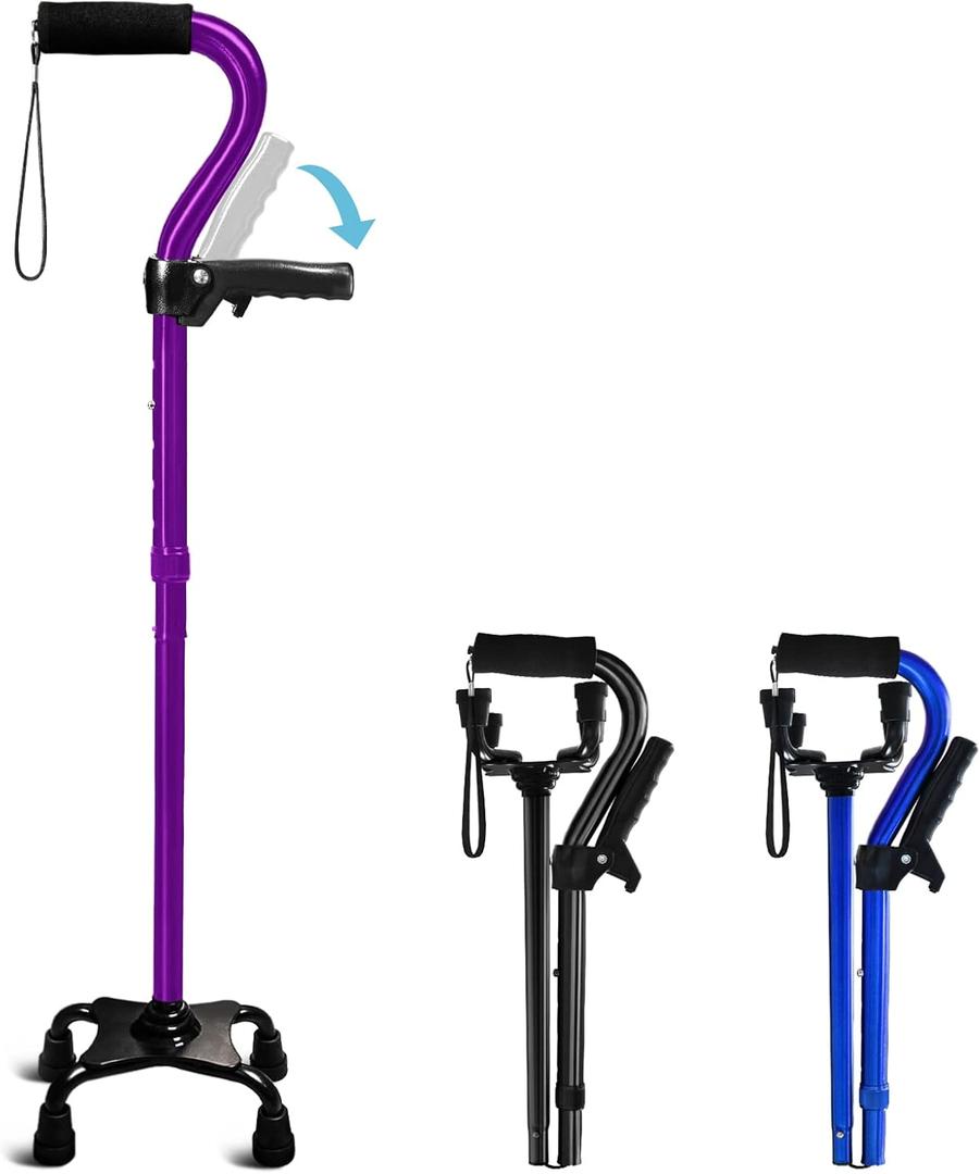 Adjustable Walking Cane for Men & Women with 4-Pronged Base for Extra Stability - Foldable Cane for Seniors with Foam Padded Offset Handle for Soft Grip & a Second Handle for Standing (Purple)