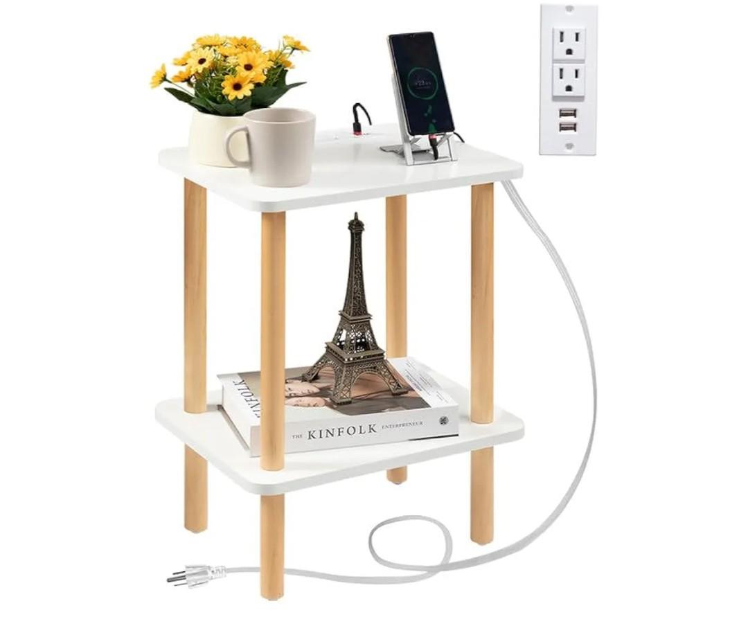 FORAOFUR End Table with Charging Station, End Tables with USB Ports and Outlets, Small Side Table for Living Room, Bedroom & Office, Two-Tier Narrow Side Table, Easy Assembly