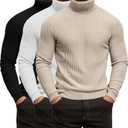 3 Pack Men's Ribbed Turtleneck Shirts, Long Sleeve Mock Neck Lightweight Pullover Sweaters Knit Base Layer Tee Tops (Large, Black, White, Beige)