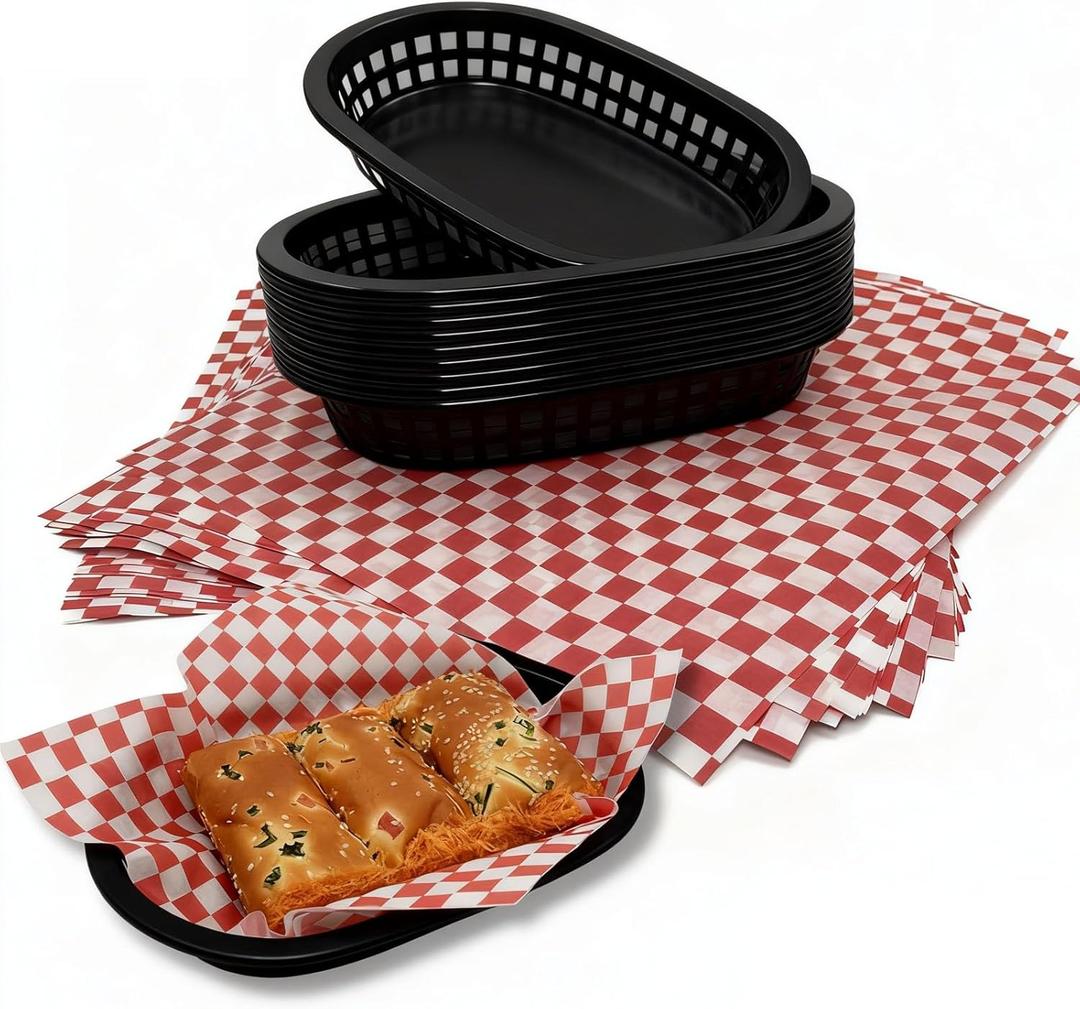 Plastic Fast Food Baskets with Paper Liners, 10.46.3 in Black Baskets & 1212 in Red Liners, Set of 10 Baskets & 100 Sheets for Burgers, Fries, Sandwiches, Parties, BBQ & Birthday