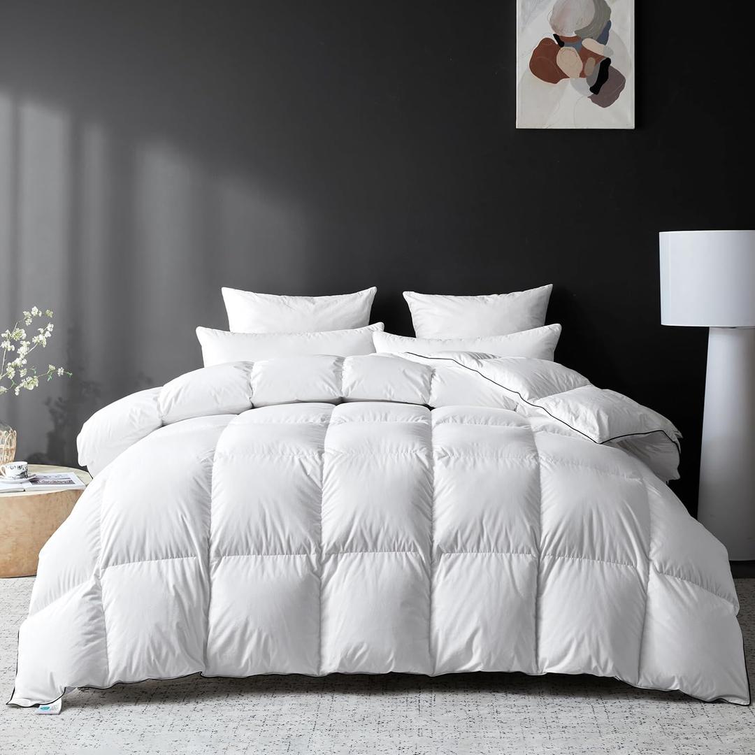 Goose Feather Down Fiber Comforter Full Size, Premium All Season Fluffy Duvet Insert, 100% Cotton Hotel Bedding Comforter Medium Warmth Duvet Insert (82 x 86in, White)