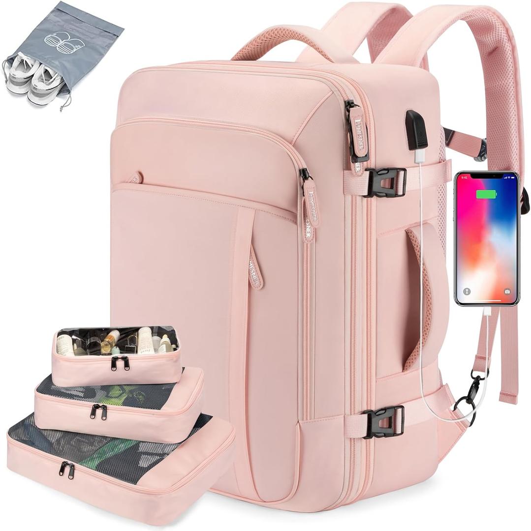 Carry on Travel Backpacks, Extra Large 40L Flight Approved Bag for Men & Women,Expandable Suitcase Backpack With 4 Packing Cubes,Water Resistant Luggage Daypack Business Weekender Bag,Pink