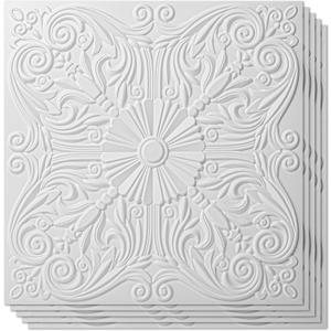 Art3d Decorative Ceiling Tile 2x2 Glue up, Lay in Ceiling Tile 24x24 Pack of 12pcs Spanish Floral in Matt White