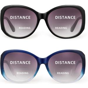 JM 2 Pack Bifocal Reading Sunglasses for Women Fashion Oversized Square Sun Readers Outdoor Reading Glasses UV400 Protection, Black & Clear Blue +2.5