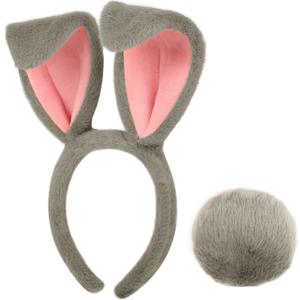 Parma77 Easter Bunny Ears Headband and Tail Set, Grey Plush Rabbit Ears Headband Women Costume Accessories Set, Halloween Cosplay Hairbands for Adults