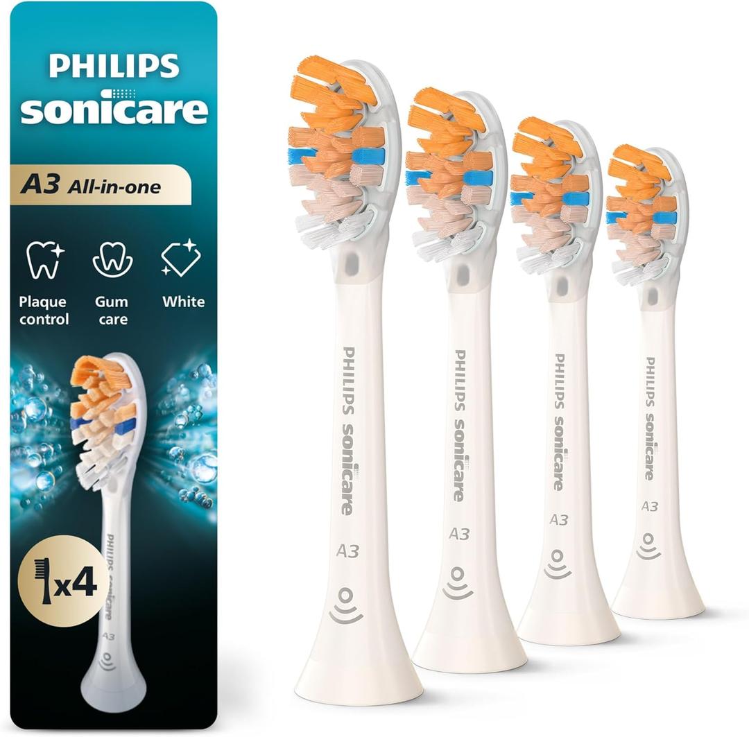 Philips Sonicare A3 All-in-One - Genuine Replacement Electric Toothbrush Heads, White, 4 Pack One Year Supply, HX9094/65