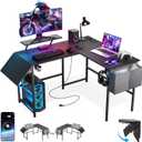 L Shaped Gaming Desk with Desk Extender, 47-59in Smart Corner Computer Desk with LED Lights & Power Outlets, Monitor Stand, Storage Bag, for Work, Home Office, Bedroom, Study, Black