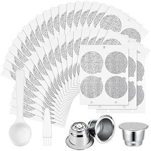 Tanlade 300 Pcs Reusable Espresso Capsules 2 Refillable Coffee Pods Stainless Steel Cups Filters Compatible with Nespresso Original Line Machines with Aluminum Foil Seals Stickers Lids