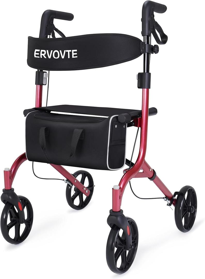 Lightweight Folding Walker with Seat for Seniors, Rollator Walker with Dual Brakes for Safety, 8" Big Wheels for All Terrain, Adjustable Height and 300 lbs Capacity