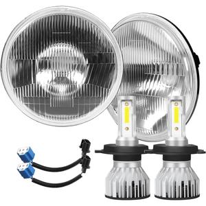 H4/9003 LED Headlight Bulbs + 7 Inch H6024 Glass Round LED Headlight Housing,Halogen Sealed High Low Dual Beam,Original Classic Look Conversion Pair Kit Pair
