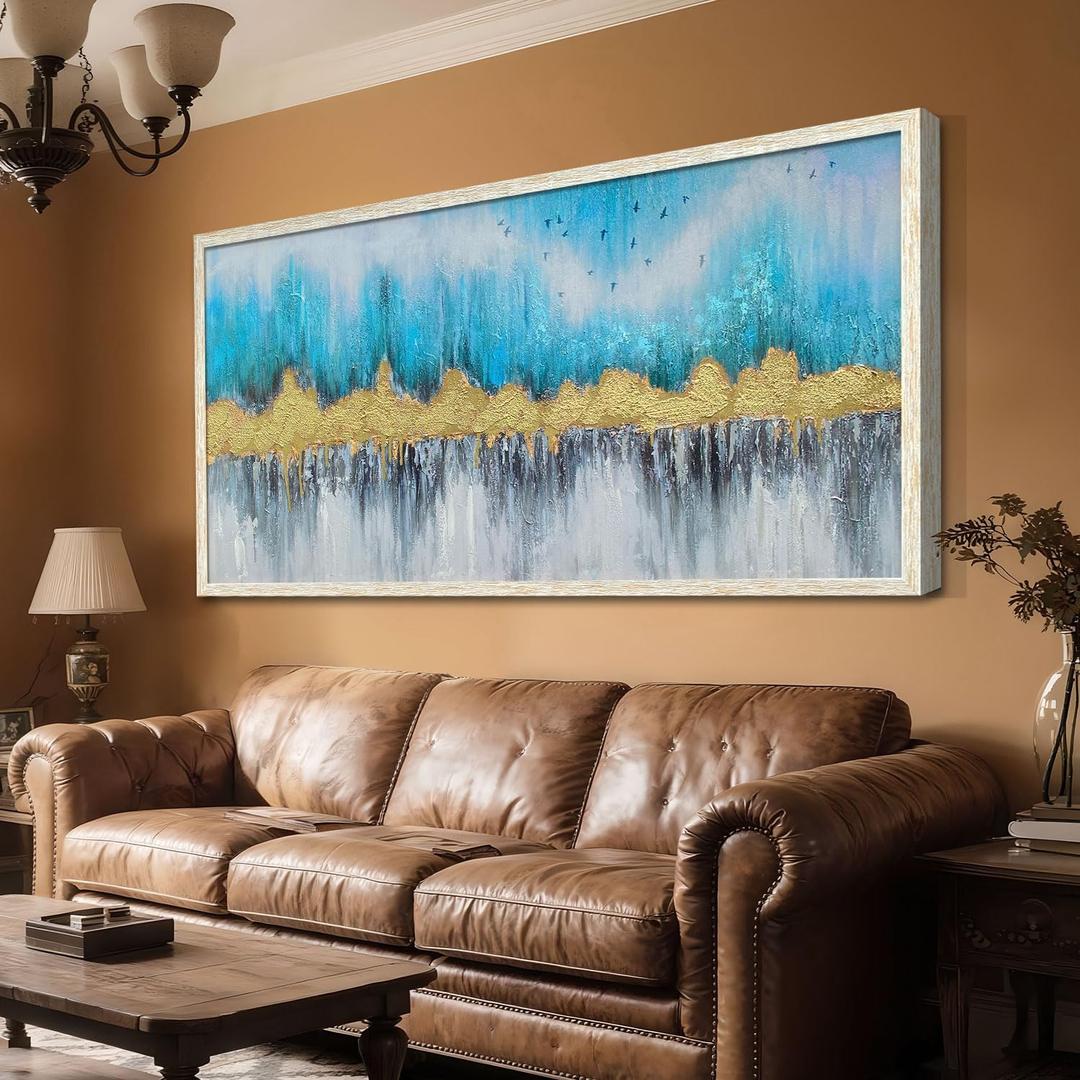 Ardemy Abstract Framed Wall Art Canvas Art Wall Decor Living Room Teal and Gold Wall Painting Picture Artwork for Bedroom Home Office, 40"x20"