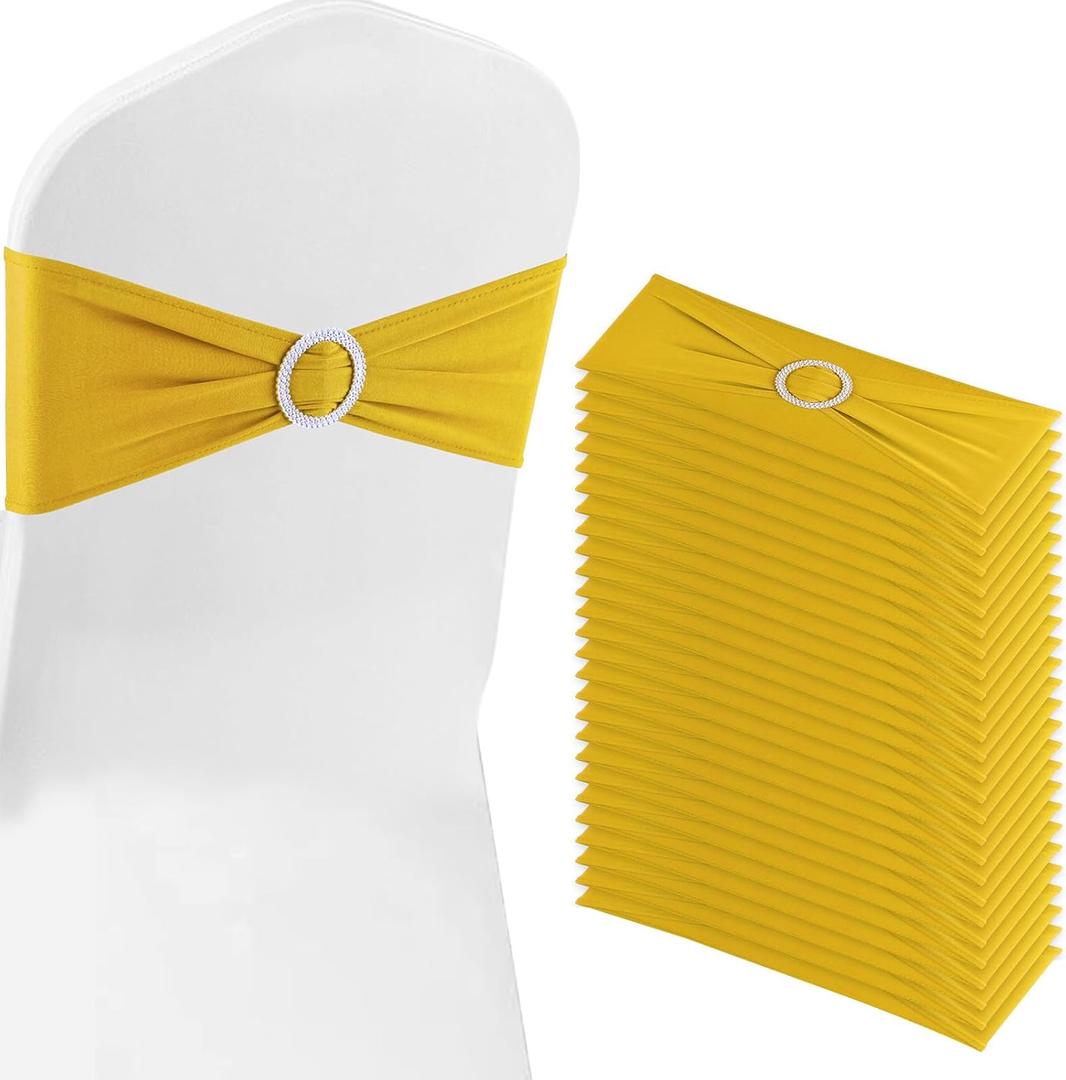 Gold Chair Sashes 50 Pack Spandex Stretch Chair Band Sashes with Buckles for Folding Chairs Wedding Party Reception Baby Shower Events Banquet Decorations