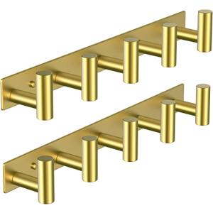 VAEHOLD Hat and Coat Wall Mount Rack - Hooks for Robes, Bags, Keys, and Towels - Bathroom Towel Hanger Organizer (Gold, T Shape 5 Hooks 2 Pack)