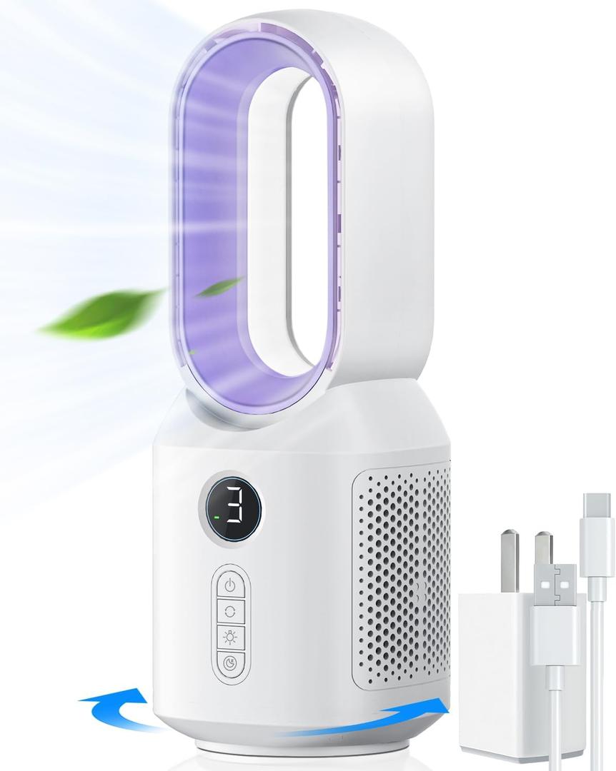 let'me Desk Fan, 106 Oscillating Fan for Indoors,Bladeless with 3 Speeds, Small Office Fan with LED Light, (Purple-Without Batteries)