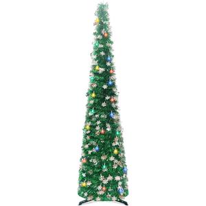 5Ft Pop Up Christmas Tree with Lights, Collapsible Pencil Tree Green, Skinny Christmas Tree Slim Xmas Tree, Artificial Tinsel Tree Foldable for Home Apartment Holiday Party Winter Decor
