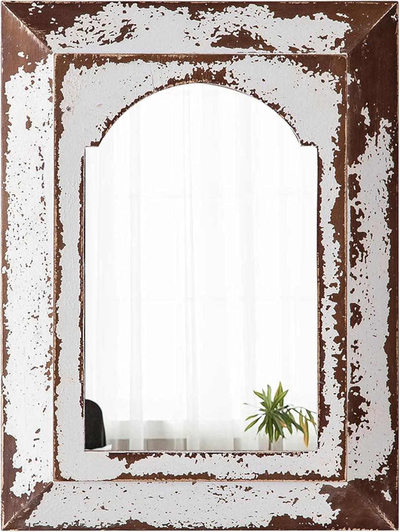Farmhouse Small Arched Mirrors for Wall Decor Living Room 16 X 12 Inch, Hanging Distressed Rectangular Carved Wood Frame Entryway Mirror, Handmade Antique Bathroom Mirrors for Over Sink